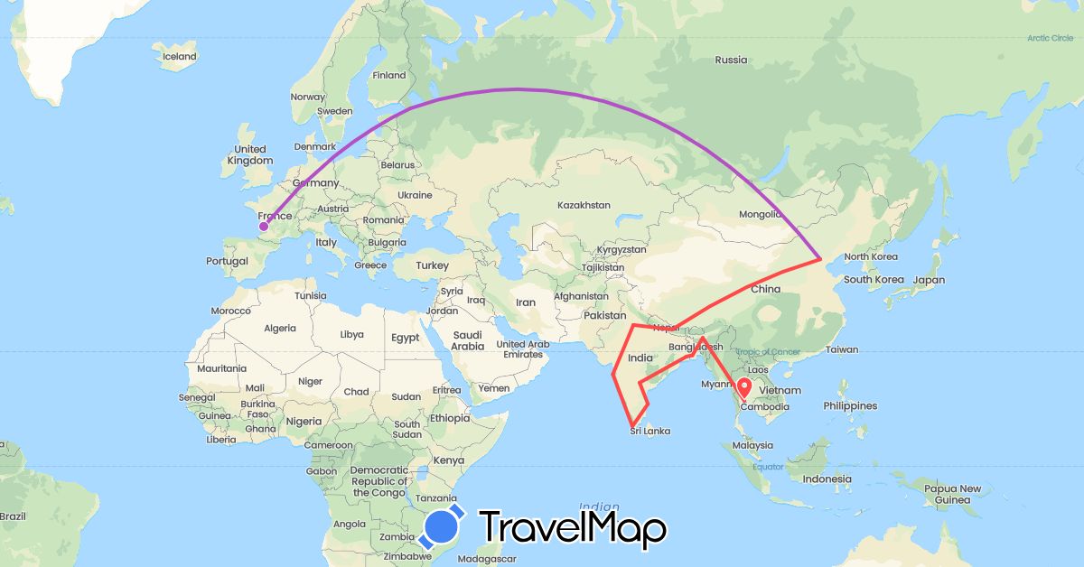 TravelMap itinerary: driving, train, hiking in Bangladesh, China, France, India, Nepal, Russia, Thailand (Asia, Europe)